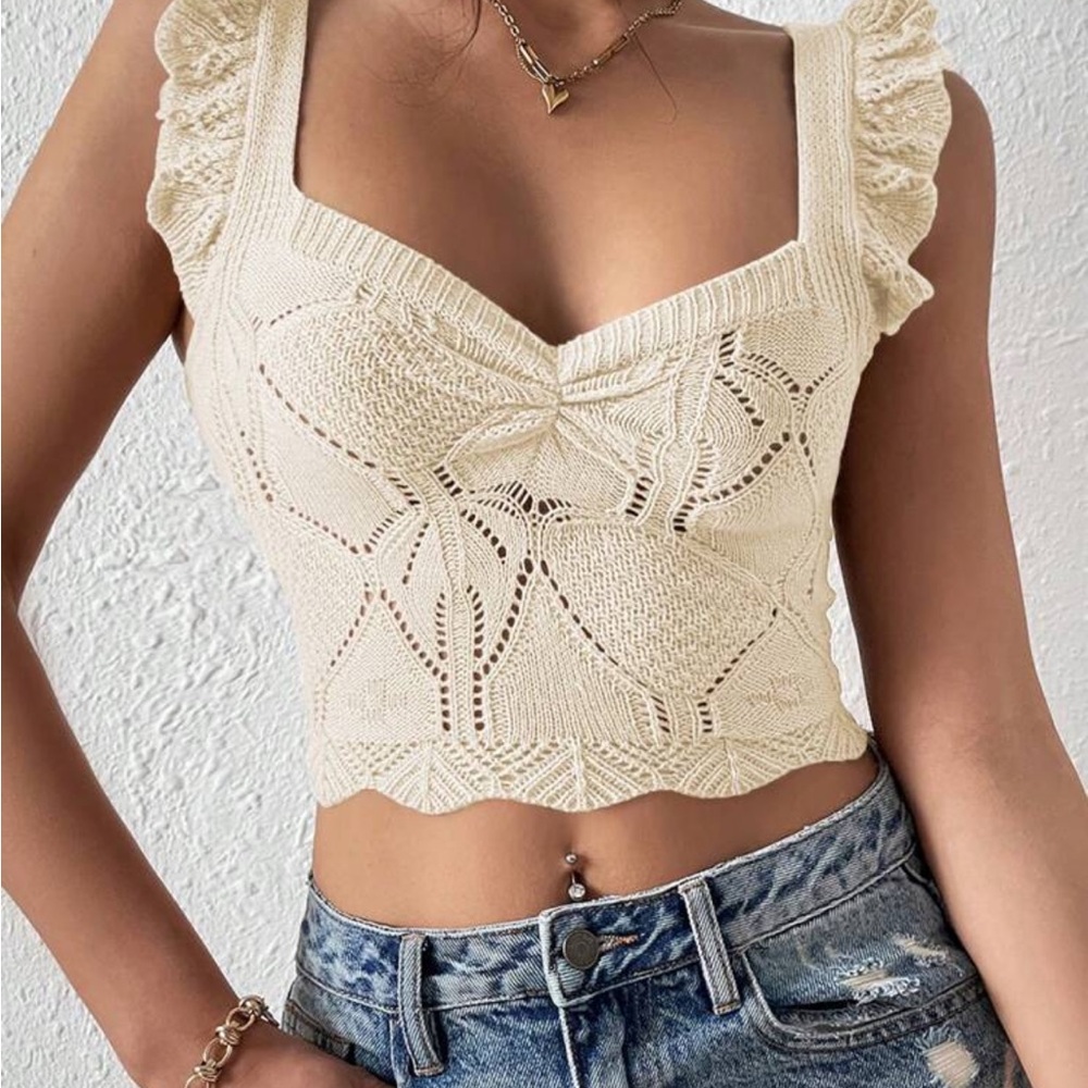 SHEIN Cream Knit Ruffle Tank Top